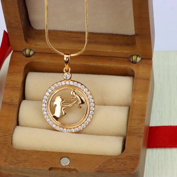 "Rose Gold Circle Pendant with Mother & Child Design and CZ Accents, XPPT1401 - Picture 9 of 13